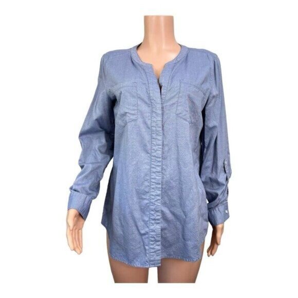 Westbound Women SZ Large 100% Cotton Blue Chambray Knit Button Up Shirt Top - Picture 2 of 12